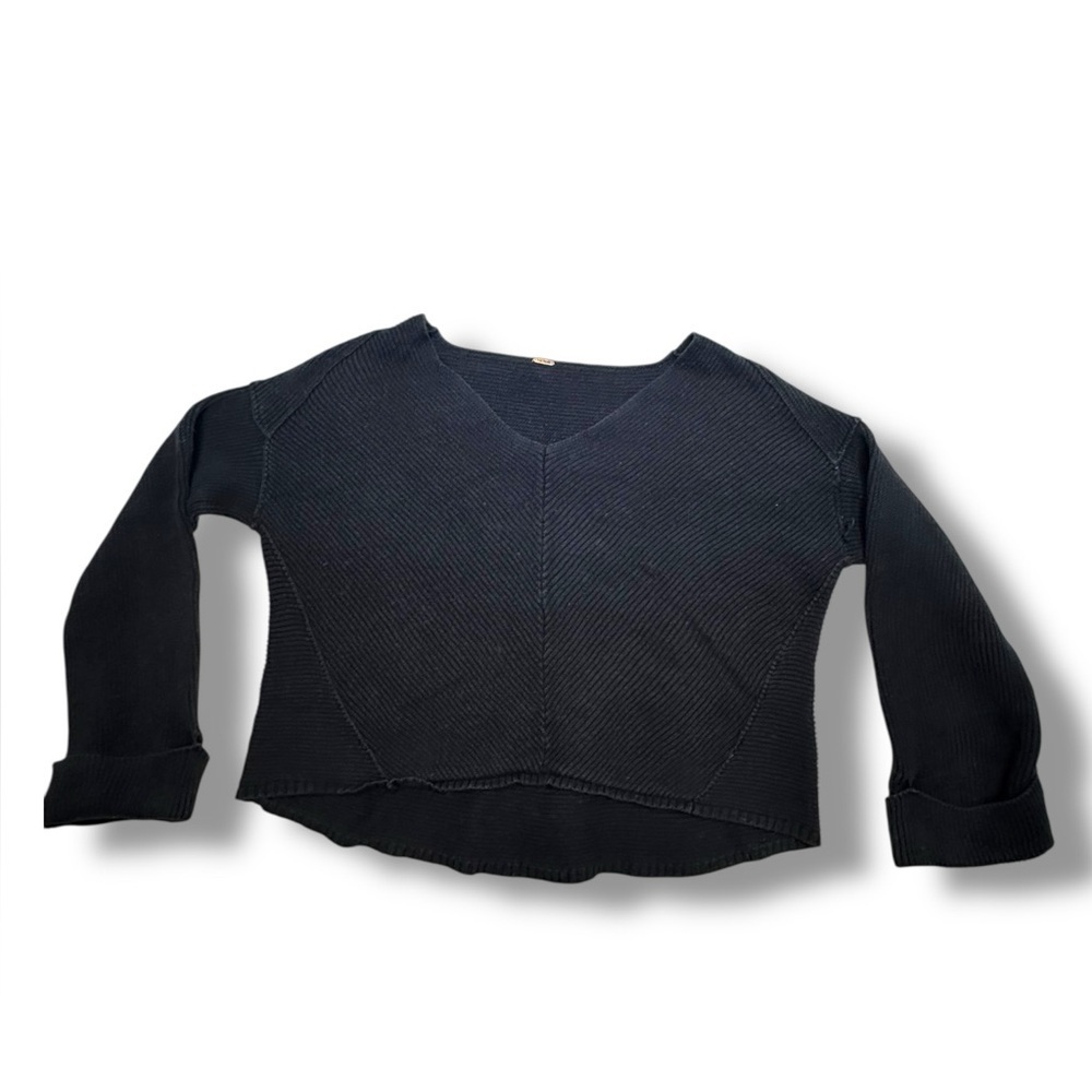Free People Black Oversized 100% Cotton V-Neck Sweater OB533611 Fits Up to 2X